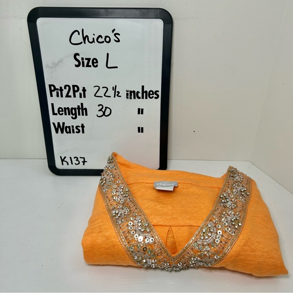 Chico's 100% Linen Orange Sequin V-Neck Long Line Tunic Size Large - Picture 16 of 16